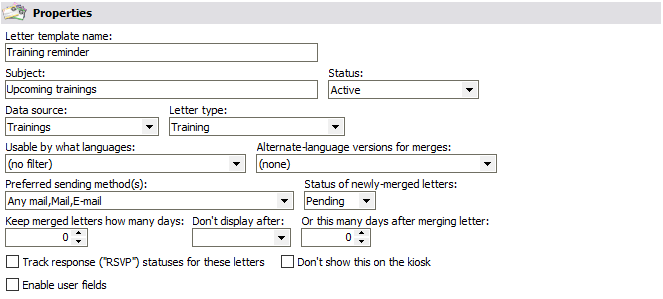 Letter template properties window for a training reminder