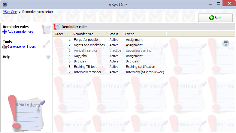 Reminder rules setup screen