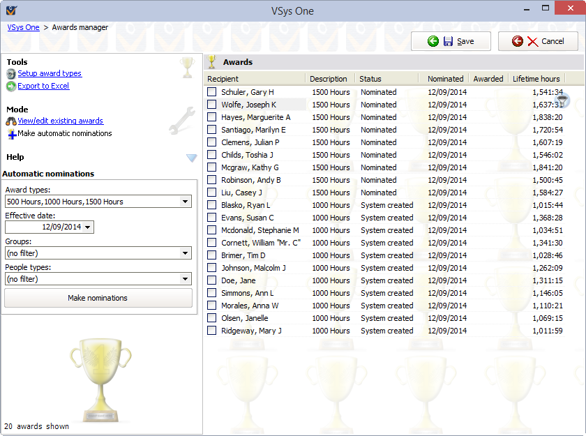 Awards manager screen showing automatic nominations