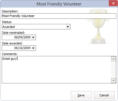 Award details window showing "Most friendly volunteer" award