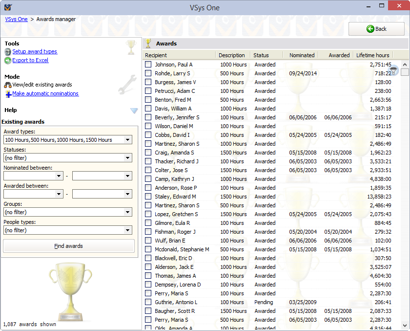 Awards manager screen showing existing awards