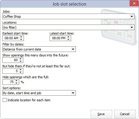 Job slot selection definition window for data field in VSys Web custom application