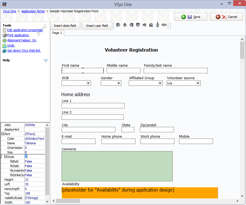 Custom application form layout screen