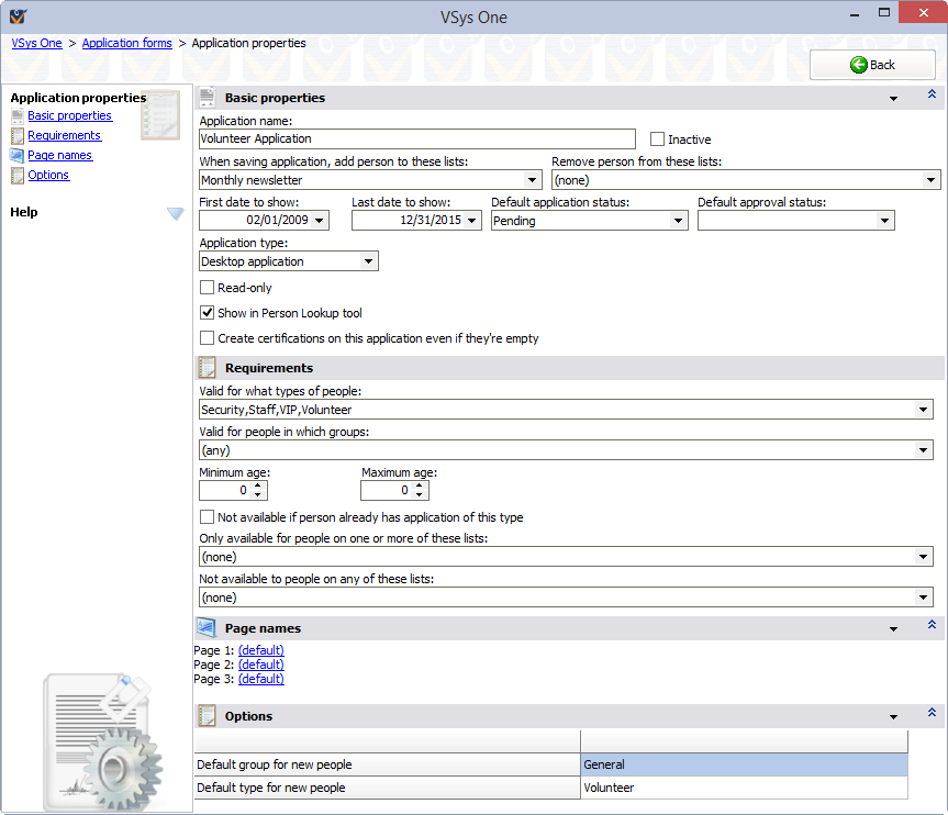 Custom application form properties screen
