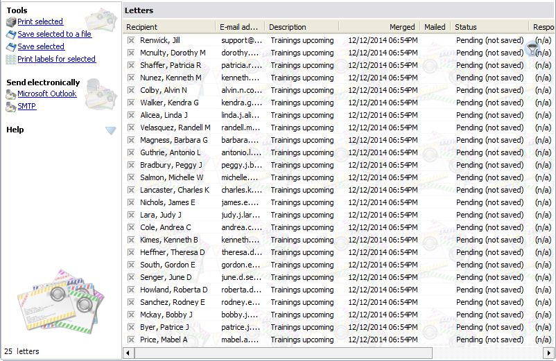 Mail merge results screen showing letters ready to e-mail