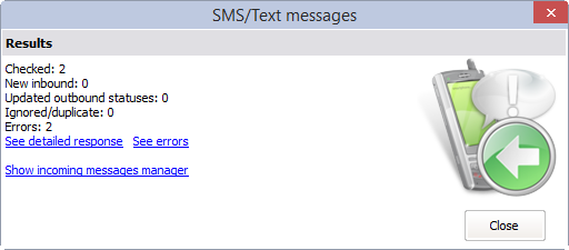 SMS/text message status results window