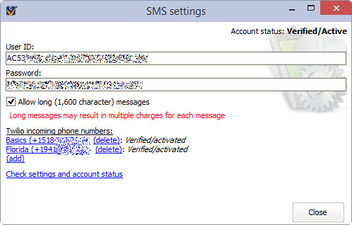 SMS settings window