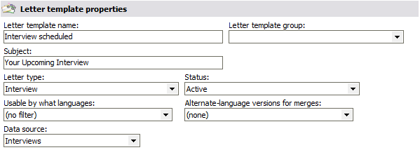 Letter template properties window for an interview reminder