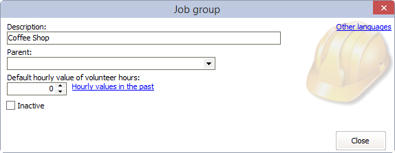 Job group editor window showing creation of Coffee Shop job group