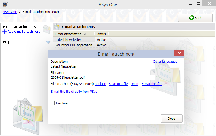 E-mail attachments setup screen showing attachment of latest newsletter