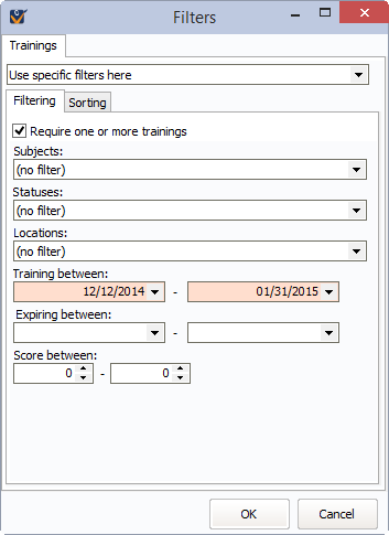 Filter window for subletters showing a required training