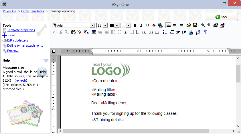 Letter template editor screen