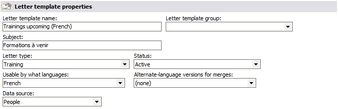 Letter template properties window showing alternate language template