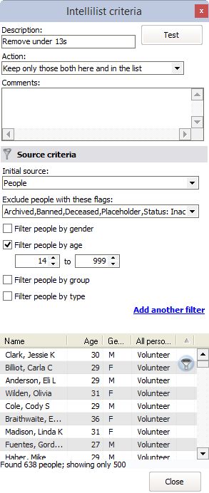 Intellilist criteria window showing the removal of persons under the age of 13