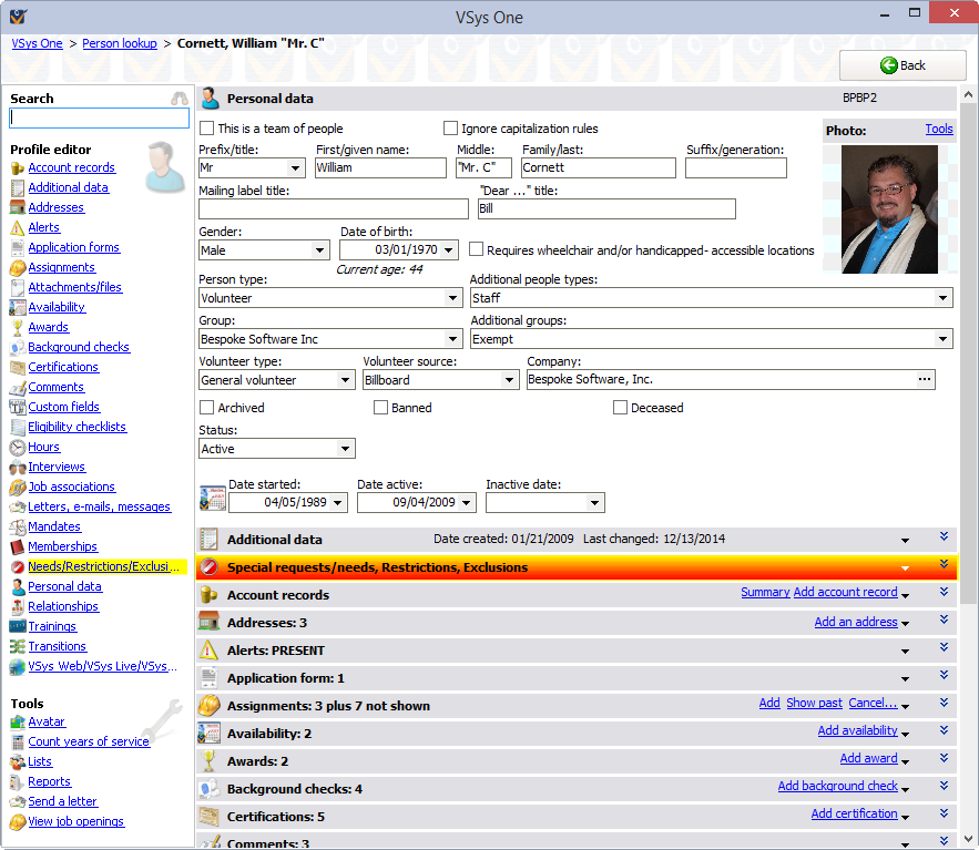 Example of Profile editor screen
