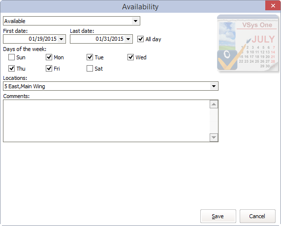 Availability editor window