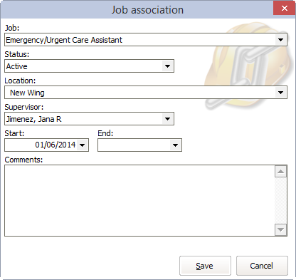 Job Association window showing the creation of an Urgent Care Assistant job association