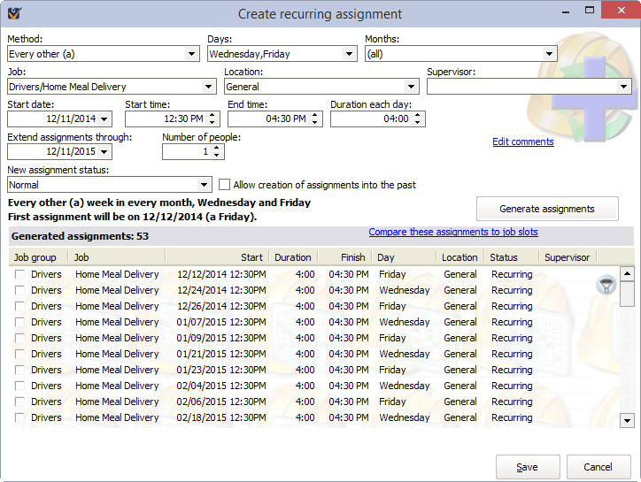 Create Recurring Assingment window showing a sample Home Meal Delivery job assignment
