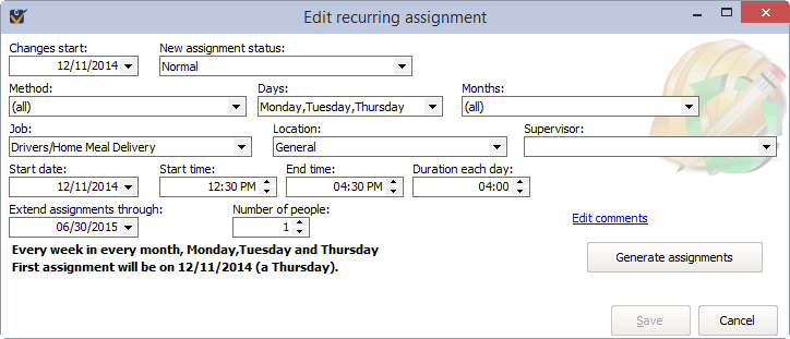 Window for editng recurring assignment rules