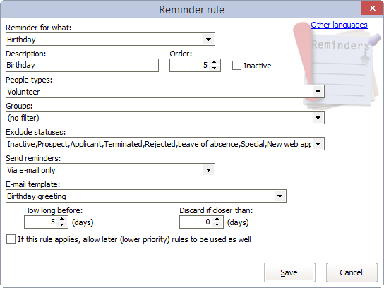 Sample reminder rule window for a birthday reminder