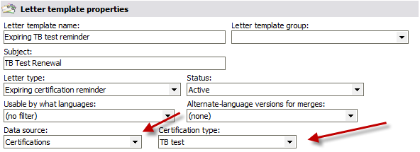 Letter template properties window for a certification reminder