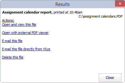 Assignment calendars (RTF) reports results window