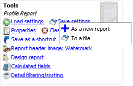 Tools panel in reports showing Save settings