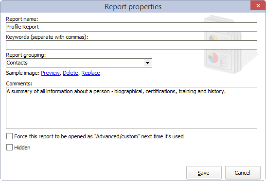 Report properties window