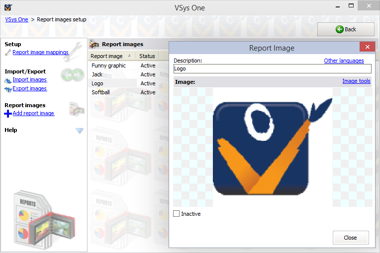 Report images setup screen showing adding a logo