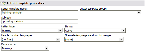 Letter template properties window for a training reminder