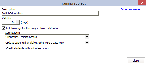 Training subject window shown linked to a certification