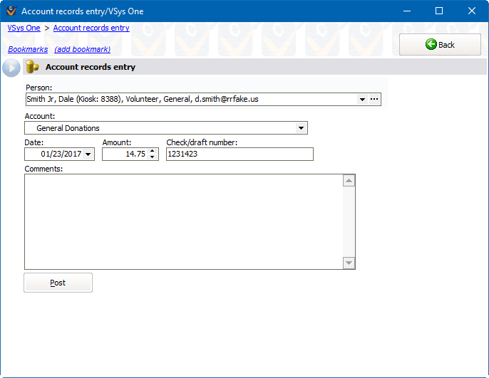 Account records entry screen