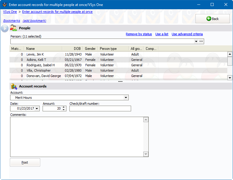 Enter account records for multiple people at once screen