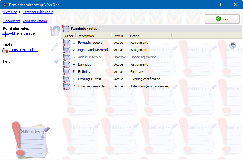 Reminder rules setup screen