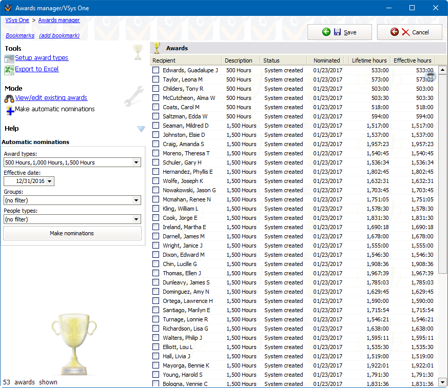 Awards manager screen showing automatic nominations