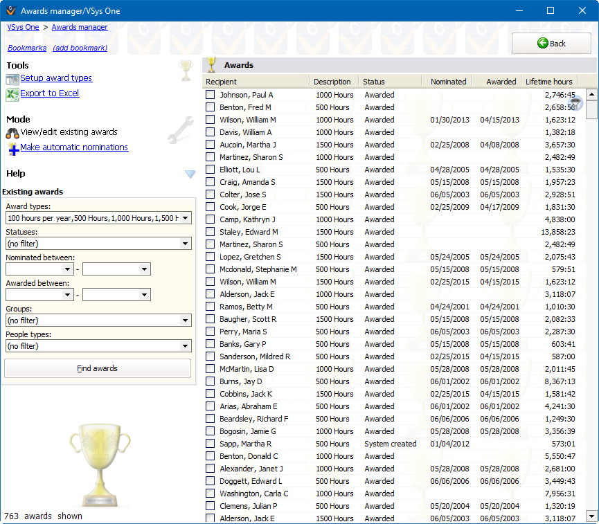 Awards manager screen showing existing awards