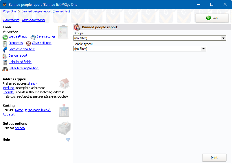 Banned people reports screen showing Banned list report settings