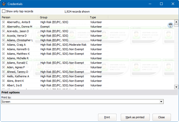Credentials window showing volunteer credentials to be printed