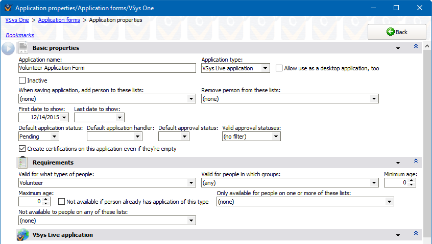 Custom application form properties screen