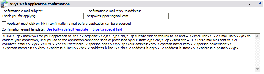 Custom application settings when a form is completed on VSys Web