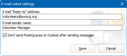 MAPI e-mail robot settings window
