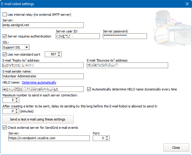 SMTP e-mail robot settings window