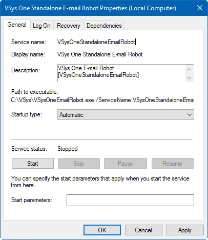 Standalone E-mail Robot window configured to run as a service