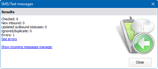 SMS/text message status results window