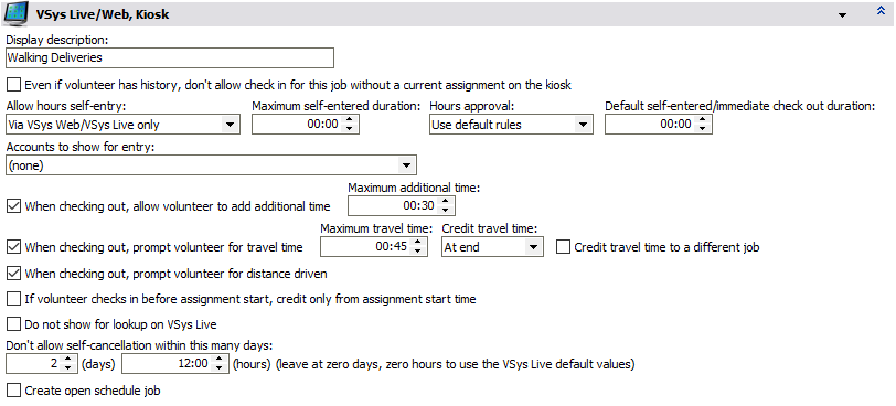 Job properties screen detailing VSys Live/Web, Kiosk options