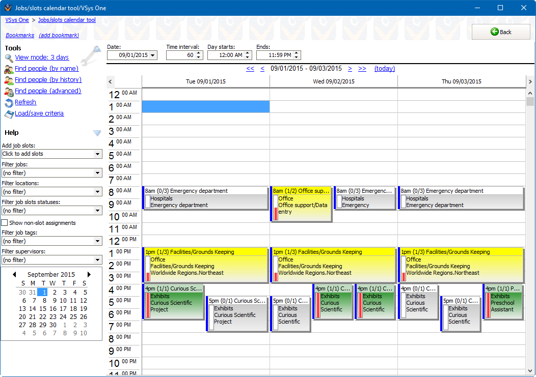 Job slots calendar tool screen