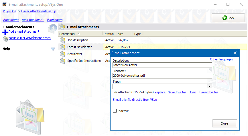 E-mail attachments setup screen showing attachment of latest newsletter