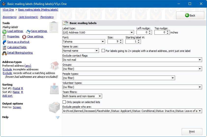 Basic mailing labels merge screen