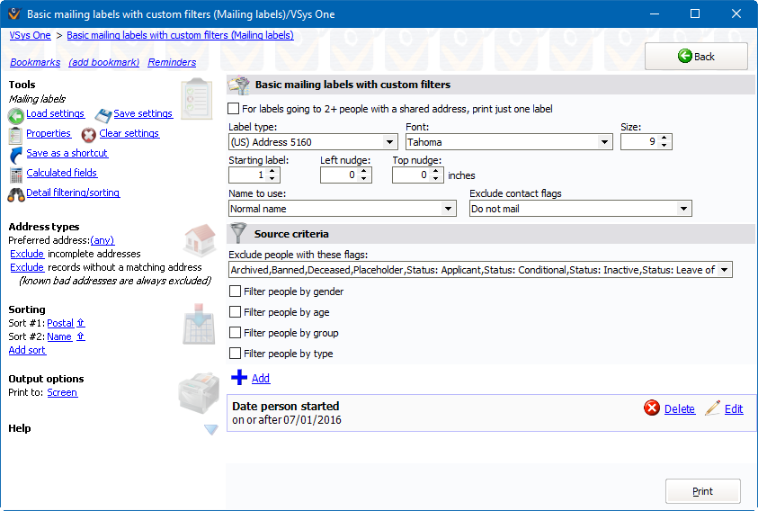 Basic mailing labels with custom filters screen showing added "date started" filter