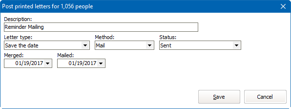 Editing window to define labels marked as printed